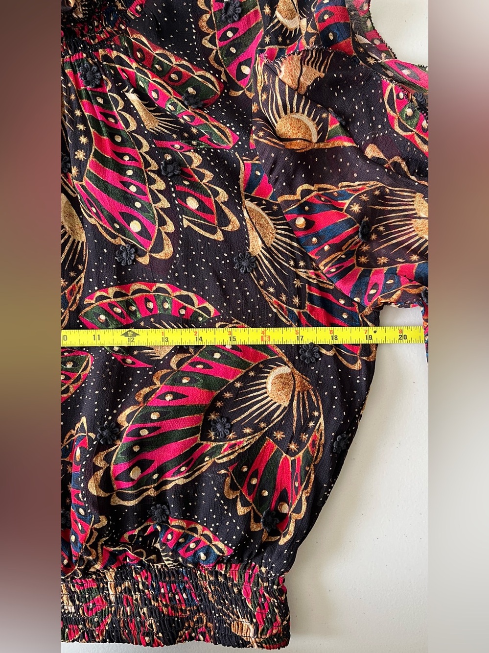 FARM Rio Black Pink Gold Printed Ruffle-Neck Blouse - Picture 8 of 15